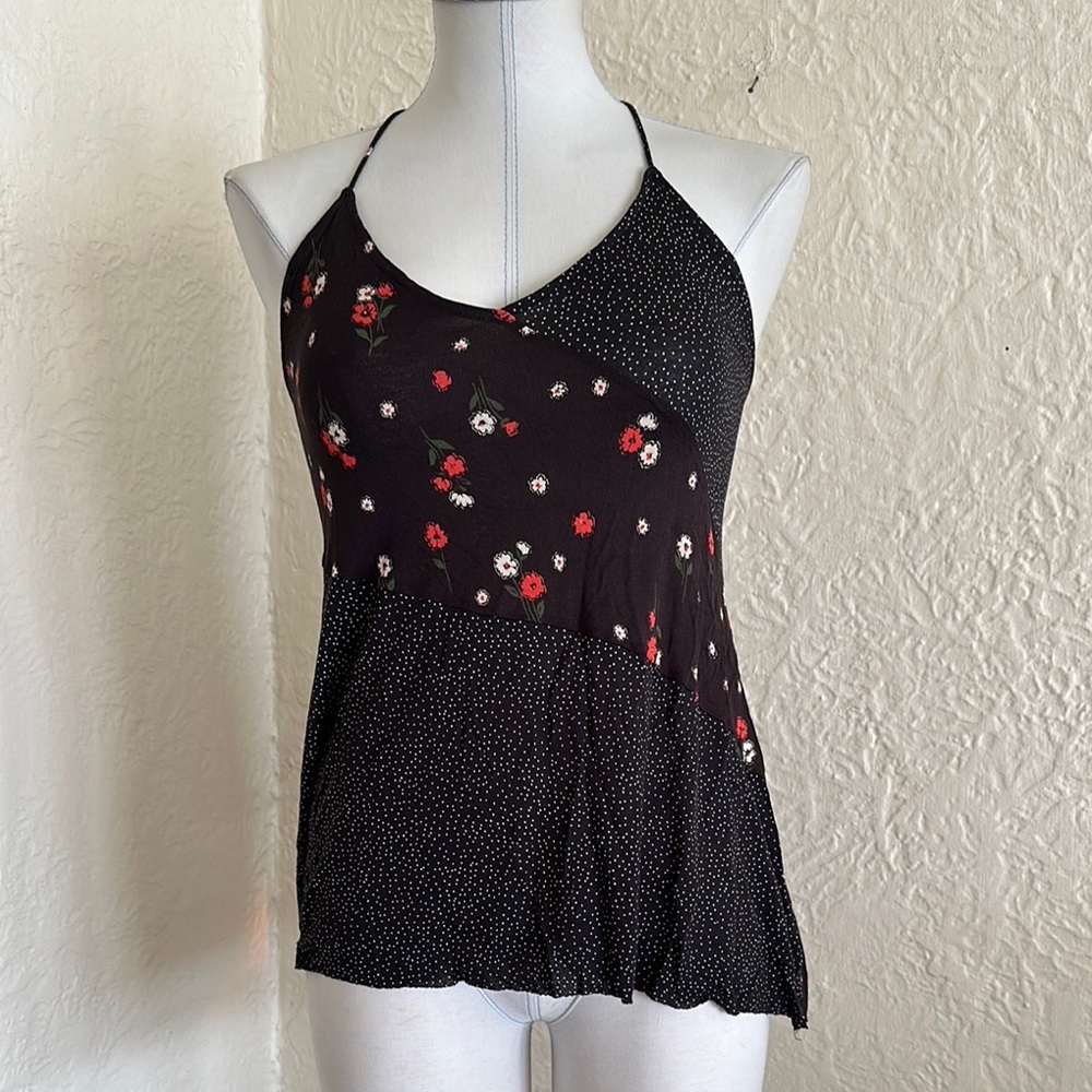 Urban Outfitters Black Polka Dot Red Floral Open Back Tank Top Large